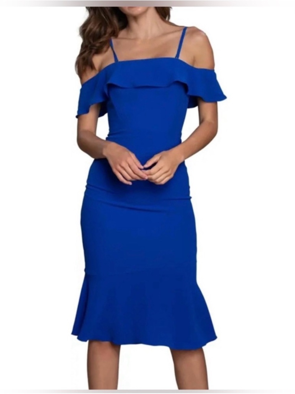 Dress the Population Cobalt Blue Off-Shoulder Ruffle Midi Dress